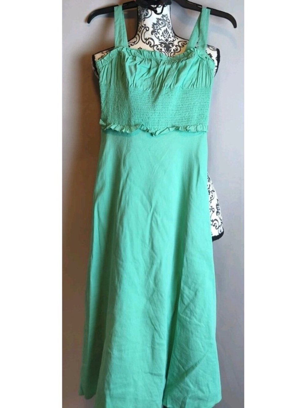 Ungaro Green Smocked Bodice Sundress Linen Viscose Ruffle Midi Size S